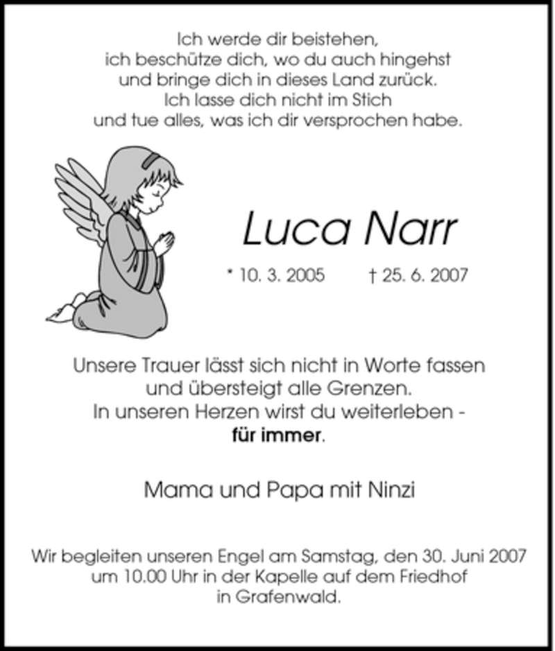  Traueranzeige für Luca Narr vom 28.06.2007 aus Tageszeitung