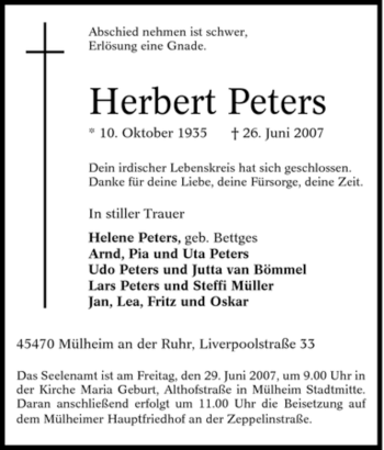 Traueranzeige von Herbert Peters von Tageszeitung