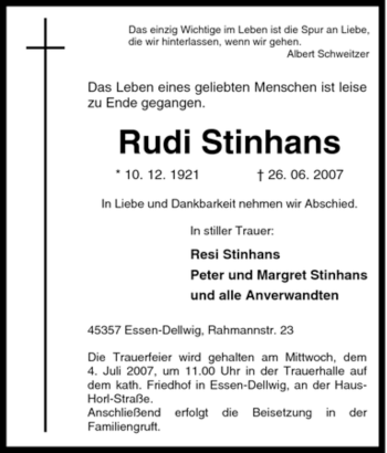 Traueranzeige von Rudi Stinhans von Tageszeitung