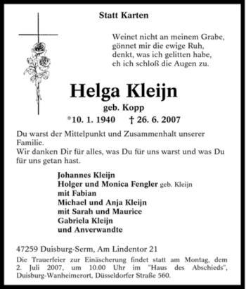 Traueranzeige von Helga Kleijn von Tageszeitung