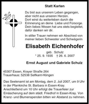 Traueranzeige von Elisabeth Eichenhofer von Tageszeitung