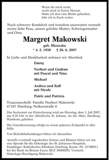 Traueranzeige von Margret Makowski von Tageszeitung