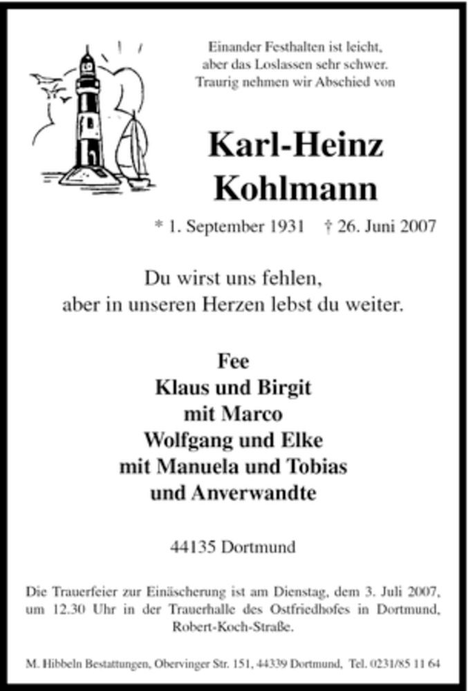 Traueranzeigen von KarlHeinz Kohlmann TrauerinNRW.de