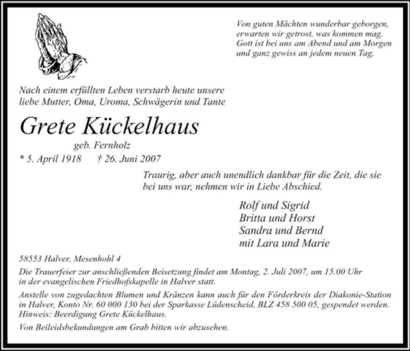  Traueranzeige für Grete Kückelhaus vom 28.06.2007 aus Tageszeitung