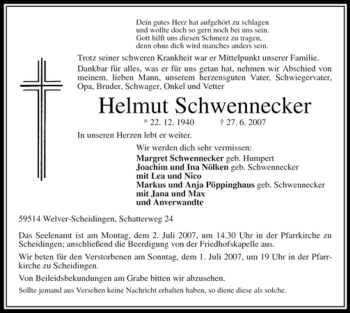 Traueranzeige von Helmut Schwennecker von Tageszeitung