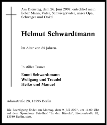 Traueranzeige von Helmut Schwardtmann von Tageszeitung