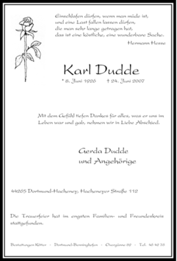 Traueranzeige von Karl Dudde von Tageszeitung