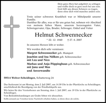 Traueranzeige von Helmut Schwennecker von Tageszeitung
