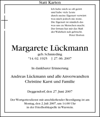 Traueranzeige von Margarete Lückmann von Tageszeitung
