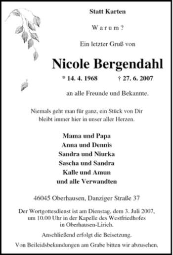 Traueranzeige von Nicole Bergendahl von Tageszeitung