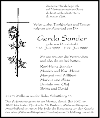 Traueranzeige von Gerda Sander von Tageszeitung