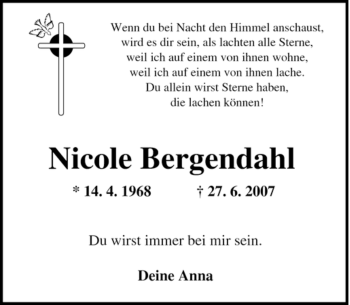 Traueranzeige von Nicole Bergendahl von Tageszeitung
