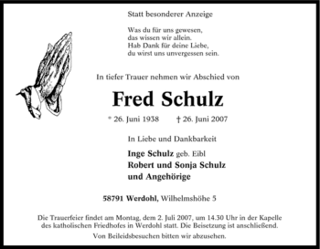 Traueranzeige von Fred Schulz von Tageszeitung