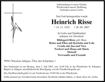 Traueranzeige von Heinrich Risse von Tageszeitung