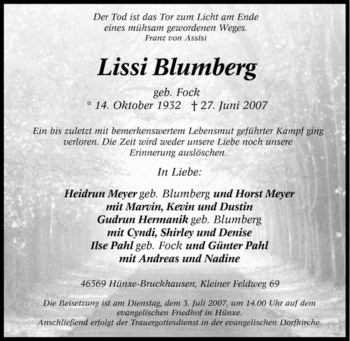 Traueranzeige von Lissi Blumberg von Tageszeitung