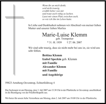 Traueranzeige von Marie-Luise Klemm von Tageszeitung