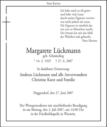 Traueranzeige von Margarete Lückmann von Tageszeitung