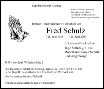 Traueranzeige von Fred Schulz von Tageszeitung