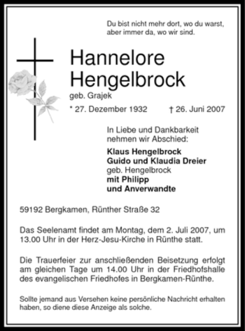 Traueranzeige von Hannelore Hengelbrock von Tageszeitung