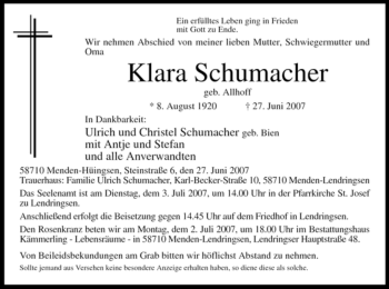 Traueranzeige von Klara Schumacher von Tageszeitung
