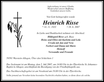 Traueranzeige von Heinrich Risse von Tageszeitung