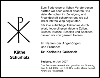 Traueranzeige von Käthe Schürholz von Tageszeitung