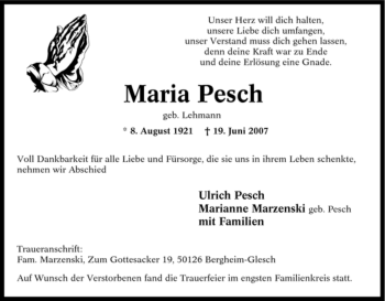 Traueranzeige von Maria Pesch von Tageszeitung