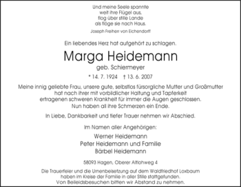 Traueranzeige von Marga Heidemann von Tageszeitung