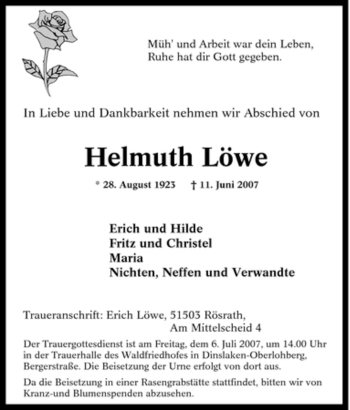 Traueranzeige von Helmuth Löwe von Tageszeitung