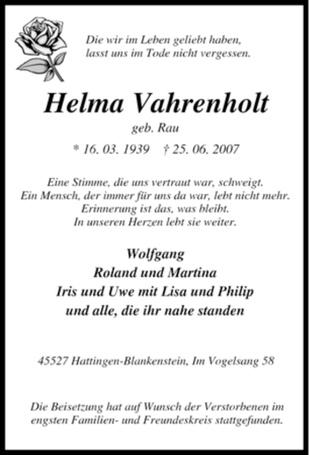Traueranzeige von Helma Vahrenholt von Tageszeitung