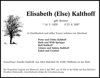 Traueranzeige von Elisabeth Kalthoff von Tageszeitung