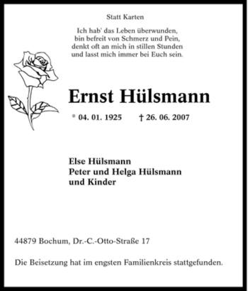 Traueranzeige von Ernst Hülsmann von Tageszeitung