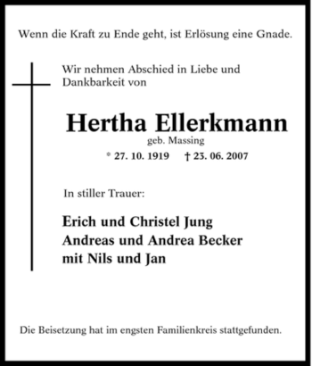 Traueranzeige von Hertha Ellerkmann von Tageszeitung