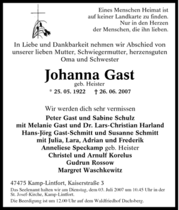 Traueranzeige von Johanna Gast von Tageszeitung