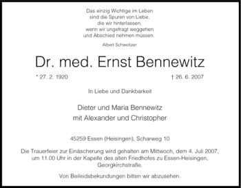 Traueranzeige von Ernst Bennewitz von Tageszeitung