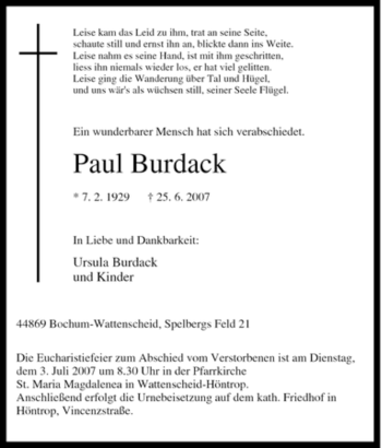 Traueranzeige von Paul Burdack von Tageszeitung