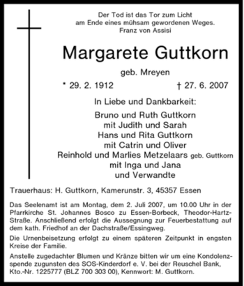 Traueranzeige von Margarete Guttkorn von Tageszeitung