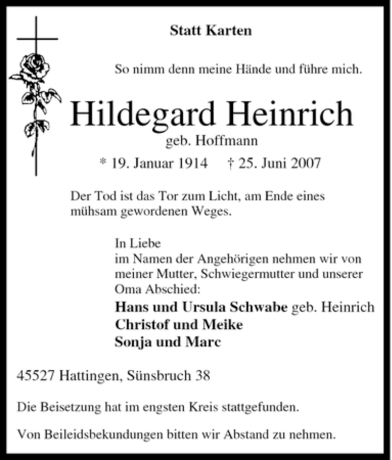  Traueranzeige für Hildegard Heinrich vom 30.06.2007 aus Tageszeitung