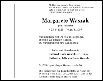 Traueranzeige von Margarete Waszak von Tageszeitung