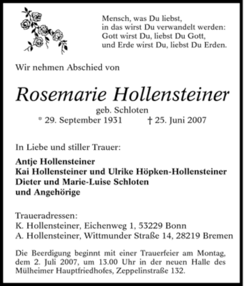 Traueranzeige von Rosemarie Hollensteiner von Tageszeitung