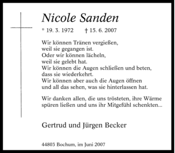 Traueranzeige von Nicole Sanden von Tageszeitung
