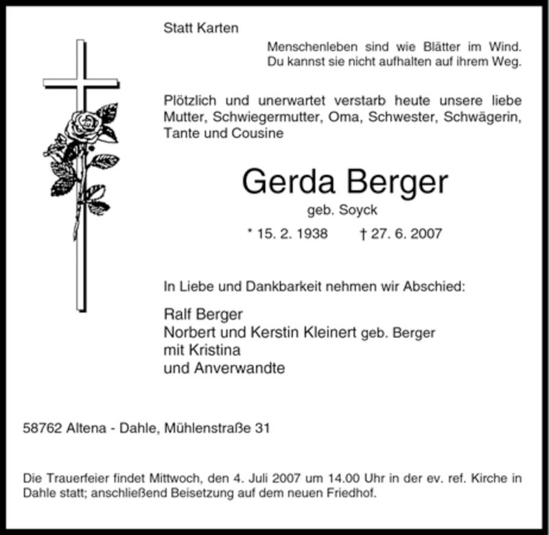  Traueranzeige für Gerda Berger vom 30.06.2007 aus Tageszeitung