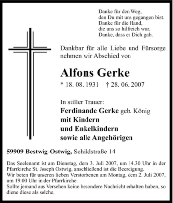 Traueranzeige von Alfons Gerke von Tageszeitung