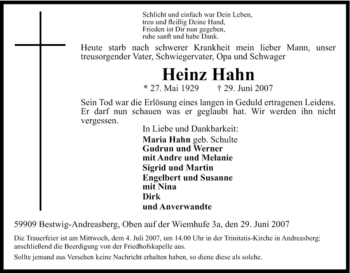 Traueranzeige von Heinz Hahn von Tageszeitung
