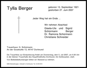 Traueranzeige von Tylla Berger von Tageszeitung
