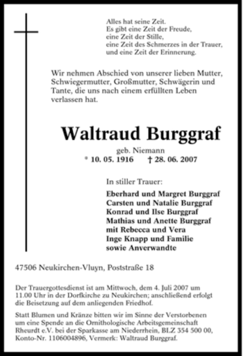 Traueranzeige von Waltraud Burggraf von Tageszeitung