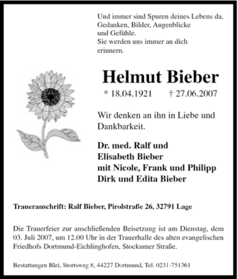  Traueranzeige für Helmut Bieber vom 30.06.2007 aus Tageszeitung