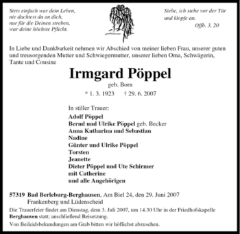Traueranzeige von Irmgard Pöppel von Tageszeitung