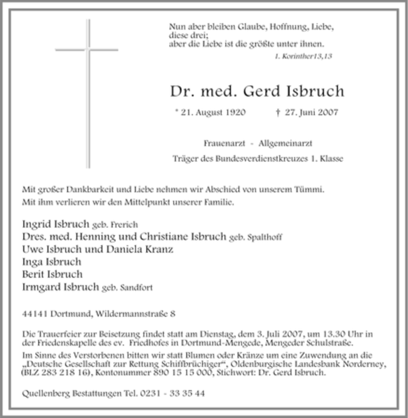  Traueranzeige für Gerd Isbruch vom 30.06.2007 aus Tageszeitung