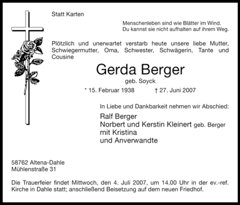  Traueranzeige für Gerda Berger vom 30.06.2007 aus Tageszeitung